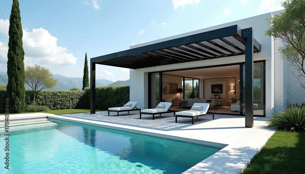 Obraz premium Modern white villa with pool and pergola offers luxury living. Lush green garden surrounds property with mountain backdrop. Three lounge chairs wait near clear blue water.