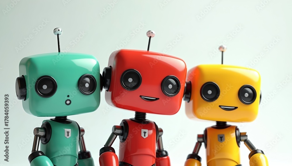 Fototapeta premium Three cute colorful robots stand together with antennas. Green, red, yellow toy machines pose on clean white background. Look friendly, happy. Artificial intelligence characters play, represent
