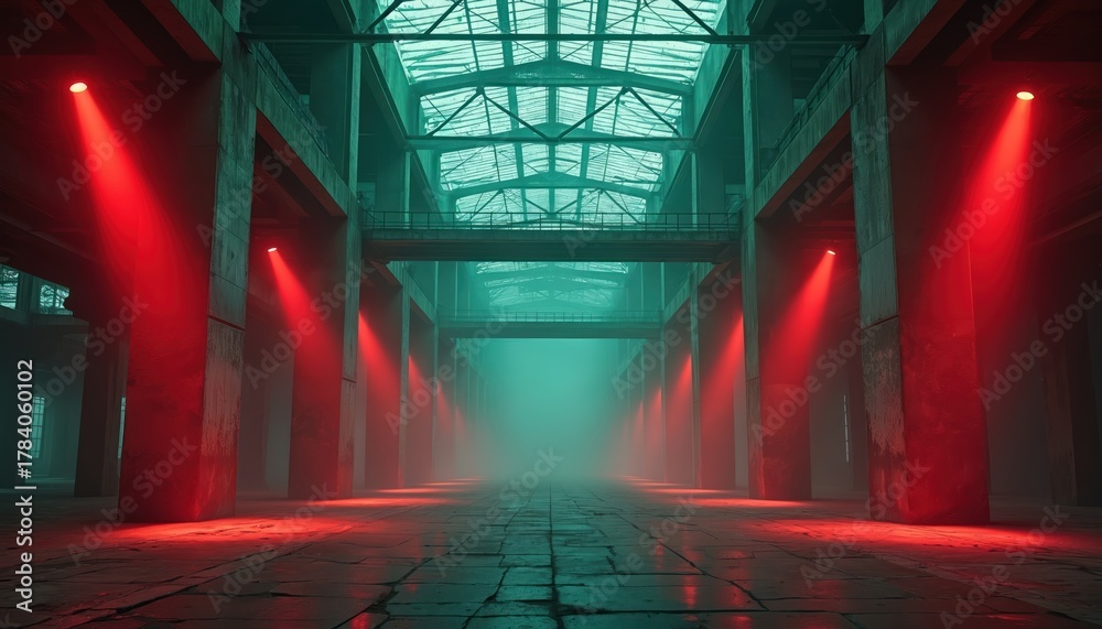 Fototapeta premium Industrial hall interior view with red lights. Grunge architecture design and concrete floor. Underground warehouse space for rave party or cyberpunk location with mystic fog and neon illumination.