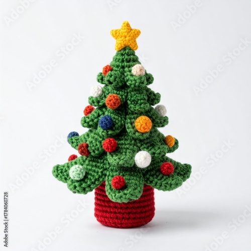 Handmade Crochet Christmas Tree Ornament with Star on White Background