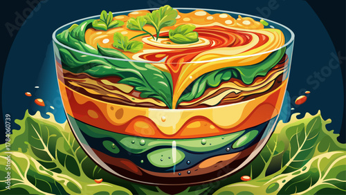 Very beautiful close-up of spoiled salad dressing separating into thick and watery layers, featuring detailed textures, contrasting colors, and a realistic food science visual effect.