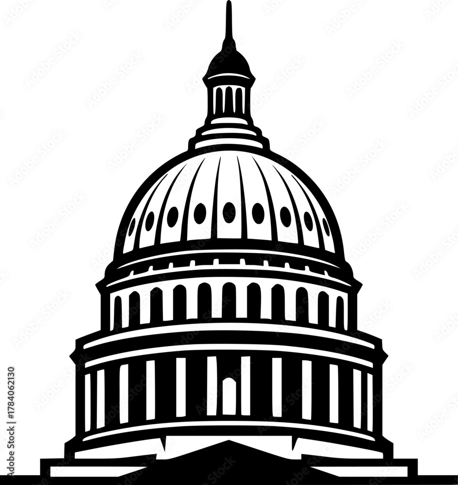 Obraz premium Illustration of a capitol building dome in black ink silhouette 