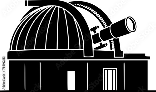 Illustration of an observatory building in black and white silhouette
