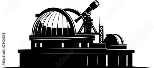 Illustration of an observatory building in black and white silhouette

