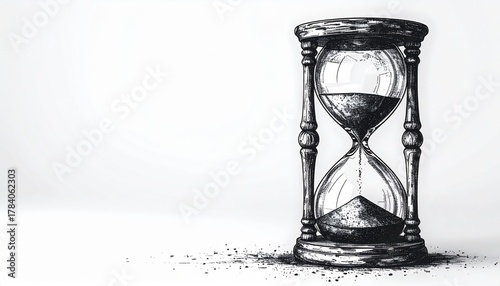 Monochrome Hourglass Sand Timer with Sand Running Out on White Background