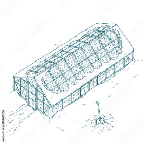 Greenhouse with transparent roof and garden shovel nearby  