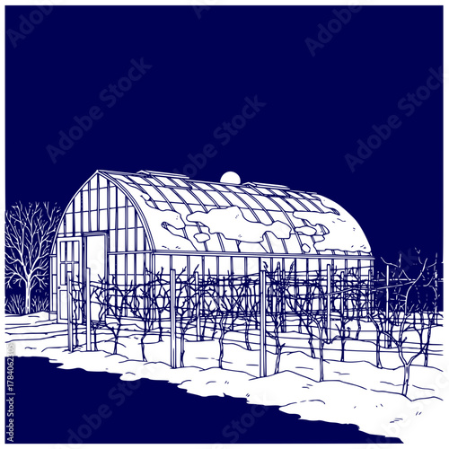 Greenhouse surrounded by vines in winter landscape with snow on greenhouse roof - cozy sketch vector
