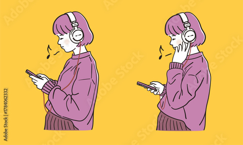 Vector Illustration of Woman Listening to Music with Headphones – Hand Drawn Style