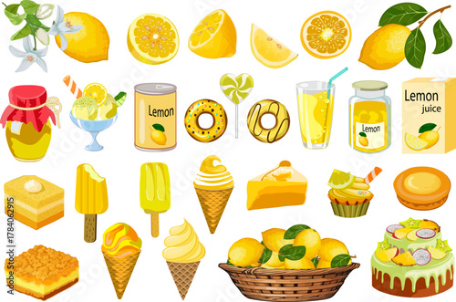 Lemon food products in vector collection.Large vector collection of lemon ice cream, juice, jam and pastry baked goods on transparent background.