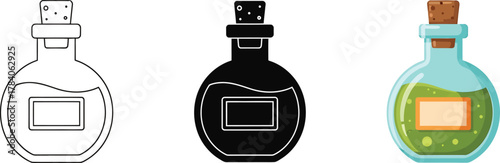 Collection of potion bottle icons in three styles: outline, black silhouette, and colorful cartoon, representing magic, alchemy, and fantasy elixirs for games and web.