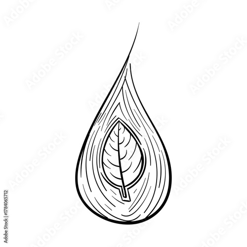 Single drop of water with a leaf inside, representing nature's pure essence and life's renewal