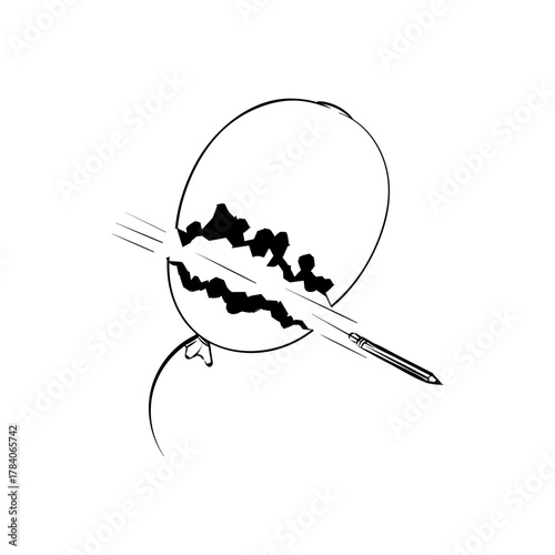 Balloon sliced by a blade Concept of damage, risk, danger, and destruction, black and white