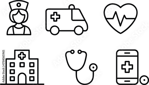 Healthcare icons, nurse, ambulance, heart ECG, hospital building, stethoscope, mobile health app, black and white line drawing, medical
