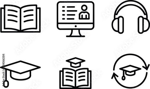 Education icons, online learning symbols, graduation cap, eLearning tools, academic success, virtual classroom, study, audio class, lifelong learning, digital school