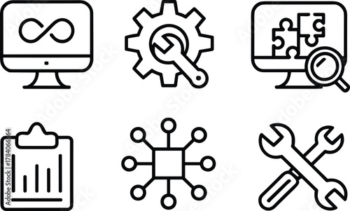 Technology icons, system maintenance, data analysis, network architecture, diagnostics tools, configuration settings, analytics dashboard, technical support, digital workflow, scalable systems