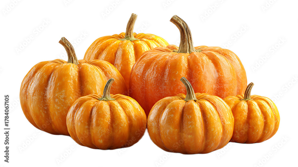 Fototapeta premium A group of pumpkins of varying sizes arranged together on a black background in a studio setting