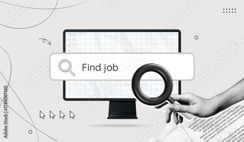 Trendy Halftone Collage Computer Monitor and Hand holds Magnifying glass. Search for information on internet. Find job online. Hr looking for employees. Contemporary vector illustration art