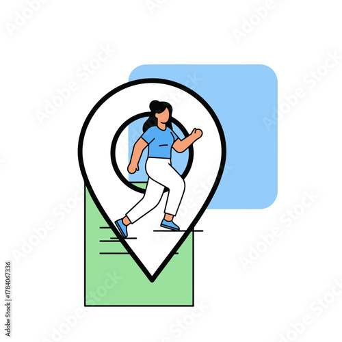 Vector concept showing a female character using a geo-tag for her active lifestyle journey