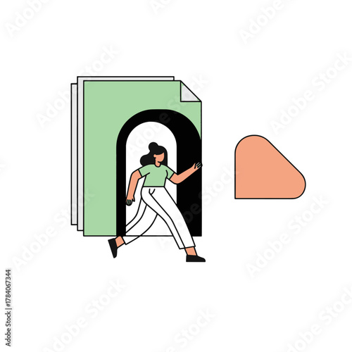Woman running through an arched doorway in a stack of documents, symbolizing freedom from bureaucracy