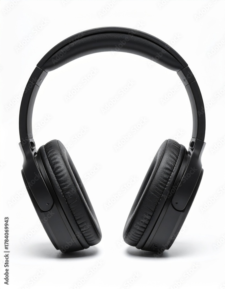 Fototapeta premium Black Wireless Headphones Centered on White Background in Studio Lighting