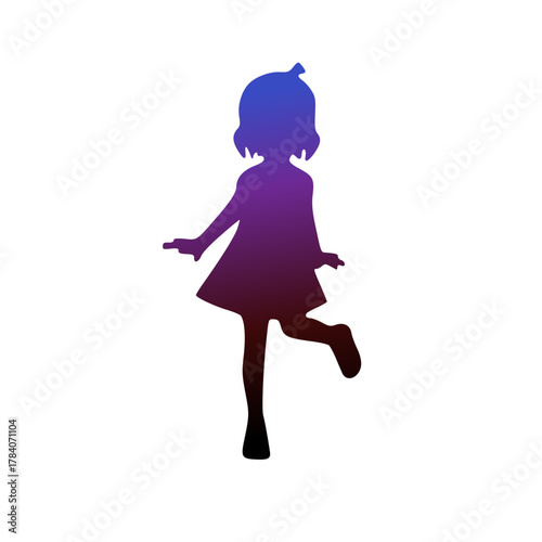 A colorful gradient silhouette of a young anime girl in a playful pose, standing on one leg against a white background.