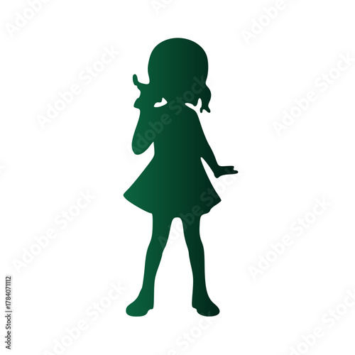 Dark green silhouette of a young girl with pigtails posing against a white background.