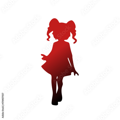 A red gradient silhouette of a little girl with pigtails walking on a white background.