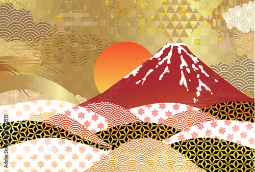 富士山　和柄　年賀状　背景	