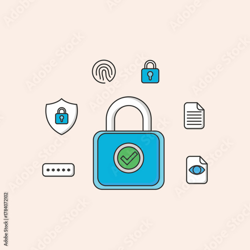 Modern Digital Security and Data Protection Concept Illustration Highlighting Cybersecurity Measures, Online Privacy, and Safe Information Access with Key Icons