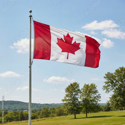 Canadian flag waving in the breeze against a blue sky and green landscape