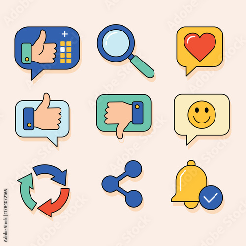 Collection of social media interface icons for voting and user feedback. Colorful vector illustration of like, share, and notification signs