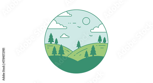 Circular Nature Landscape Badge with Hills, Forest, and Cloudy Sky