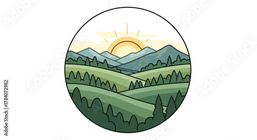 Circular Nature Landscape Badge with Hills, Forest, and Sunrise