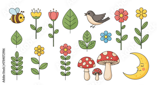 Cute Spring and Nature Elements Icons Set: Flowers, Bee, Bird, and Mushroom