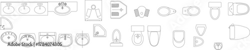 Line art vector set of bathroom fixtures showing top views (plan view), including sinks, toilets, and shower bases for architectural layouts.