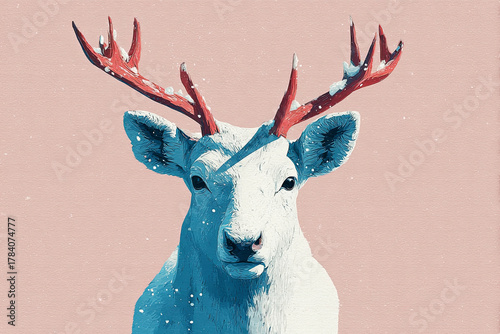 White deer illustration with vibrant antlers against a soft pink background showcasing winter beauty