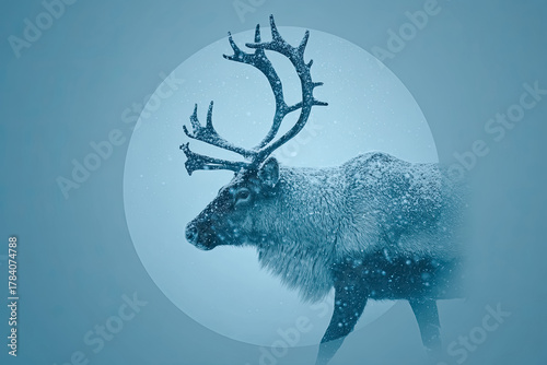 Majestic reindeer walking through snowy landscape with soft blue tones and serene atmosphere