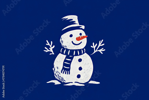 Whimsical snowman illustration with scarf and hat against a vibrant blue background