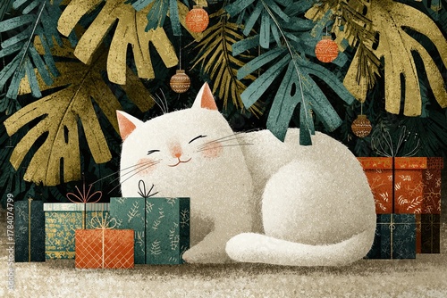 White cat resting beside colorful gift boxes under a lush green holiday tree