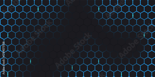 Dark technology hexagonal vector background. Abstract blue bright energy flashes under hexagon in dark technology modern futuristic background vector illustration. Gray honeycomb texture grid.