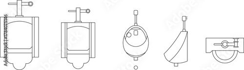 Line art vector set of different styles of urinals (urinoar), showing frontal, side, and top views for architectural design.