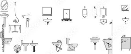 Simple line art vector of common bathroom and toilet fixtures, including sinks, mirrors, toilets, and urinals.