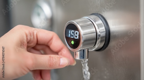 Close-up of a hand adjusting a modern digital water temperature control dial on a stainless steel appliance in a contemporary kitchen setting