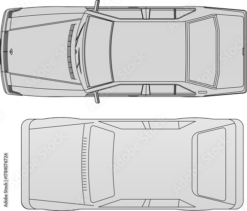 Vector top view of classic sedan car. Includes open and closed door versions for architectural site plans and technical drawings.