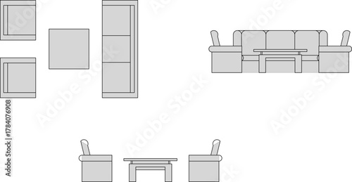 Vector line drawing set of living room or office furniture: sofa, armchairs, storage unit, and tables in top view and elevation.