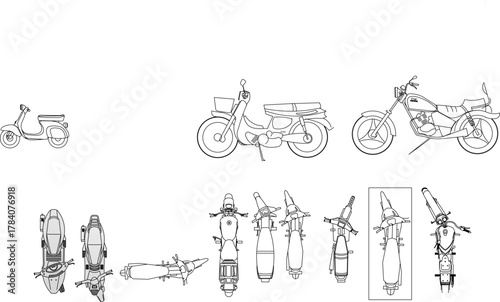 Vector line drawing set of motorcycles, scooters, and mopeds showing side view and top view for technical and architectural plans.