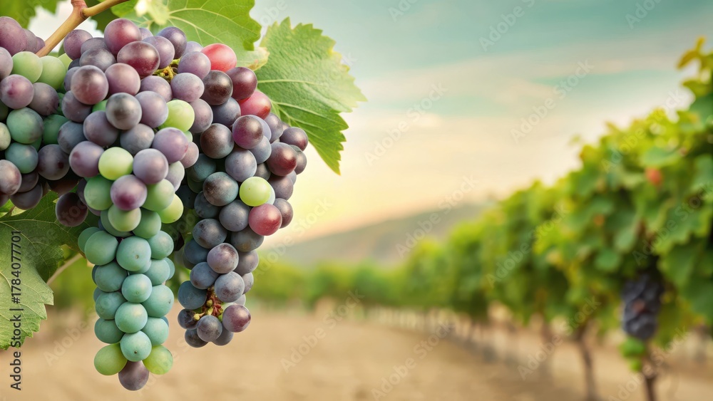 Naklejka premium Group of wine grapes at a vineyard with background