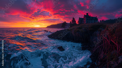 Dramatic crimson and gold sunset over a rugged coastline with a historic castle silhouetted against the sky, ocean waves crashing on rocks