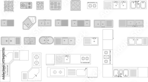 Vector set of kitchen elements top view: various cooktops (stoves) and sinks for architectural floor plans and interior layouts.