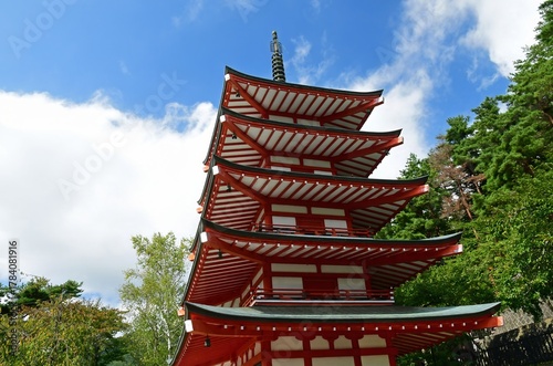 the five-storied chureito pagoda in arakurayama sengen park in fujiyoshida, yamanashi, japan, on a day trip from tokyo